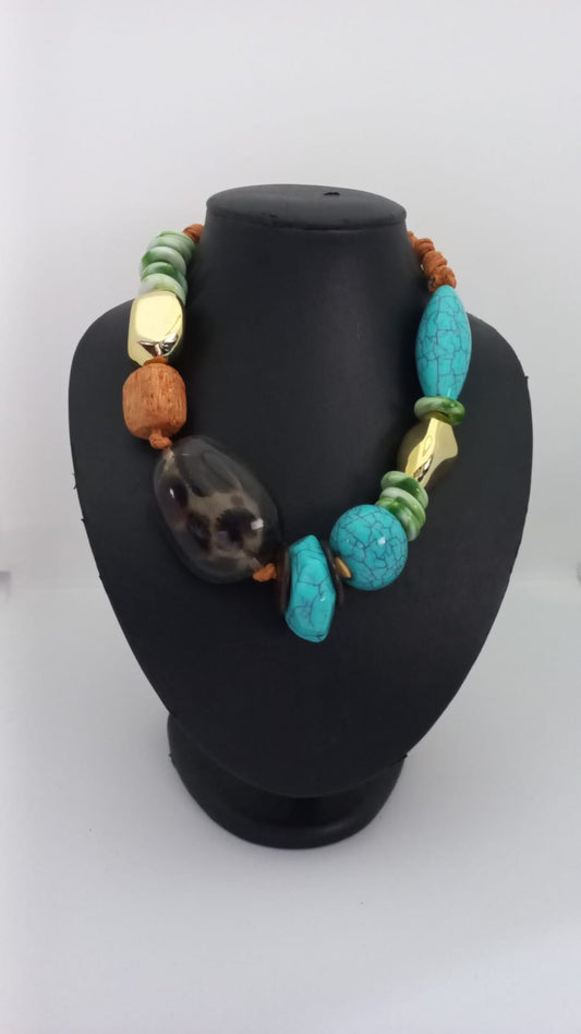Collar Boho Tribal Vintage de Cerámica Celeste