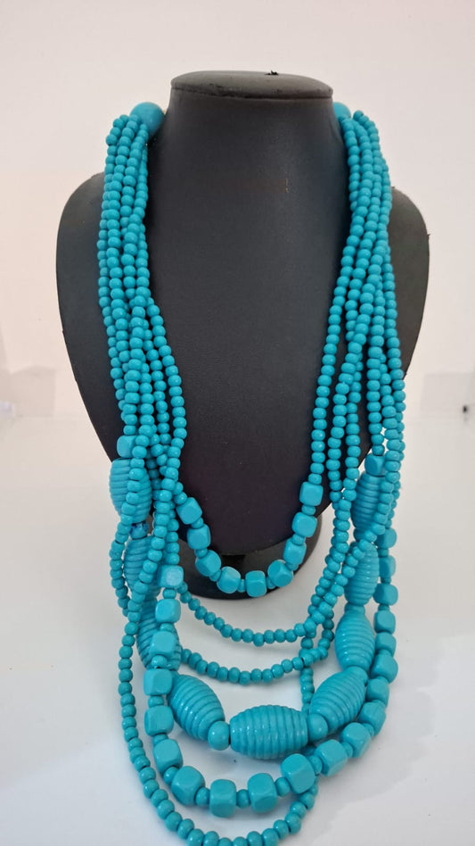 Collar Boho - Cuentas Grandes de Madera - Celeste